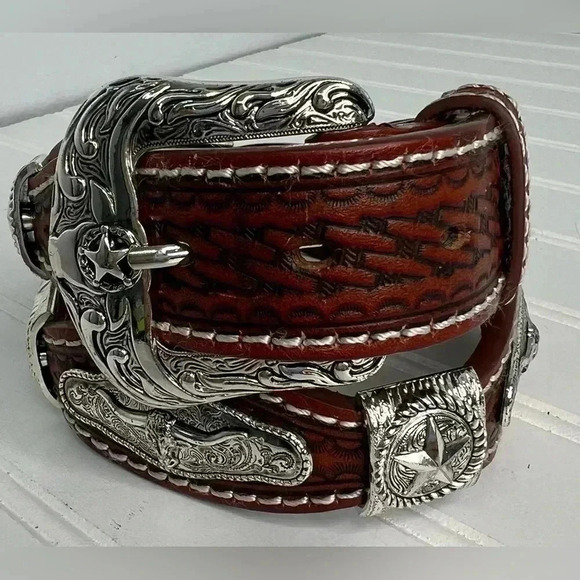 Tooled Scalloped Concho Western Leather‎ Belt - Chestnut 32” main image 13
